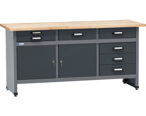 Werkbank met houten blad, laden en kastvakken