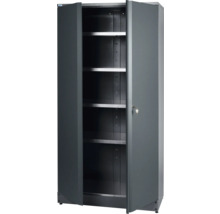 Grijze stalen kast met legplanken en open deuren