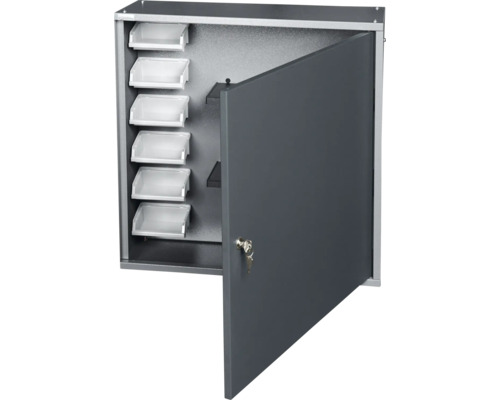 Grijze gereedschapskast met deur, sleutel en legborden