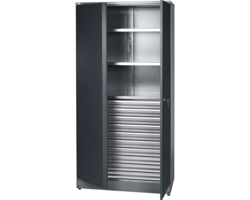 Geopende draaideurkast met legplanken en rolluik