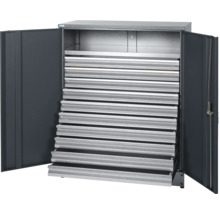 Grijze stalen kast met laden voor de werkplaats