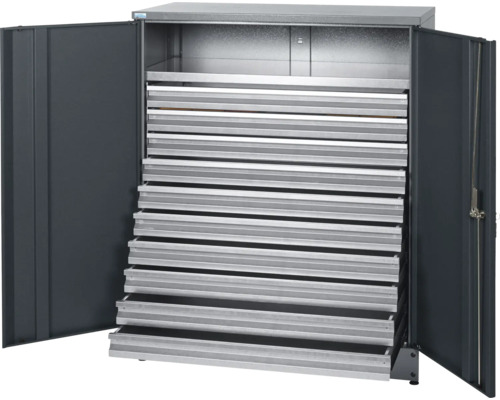 Grijze stalen kast met laden voor de werkplaats