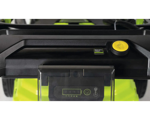 Detail van grasmaaier met elektrische startknop en batterij-indicator.