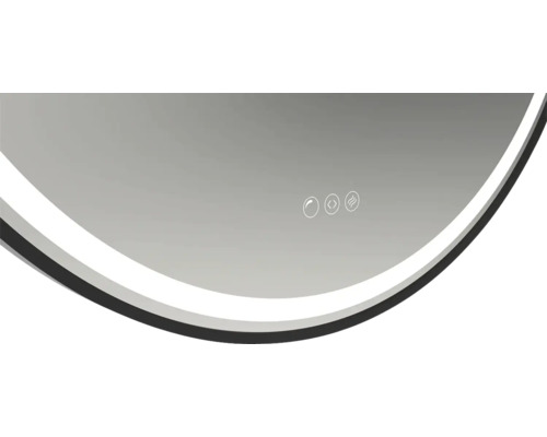 Gedeeltelijke weergave van een ronde spiegel met aanraakbedieningspaneel