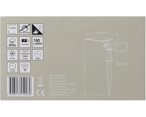 Informatie over de zonnelamp met technische details en symbolen
