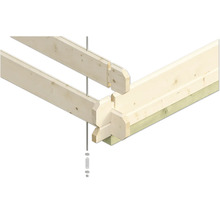 Detailaanzicht van een houten constructie met balken en verbindingsstukken