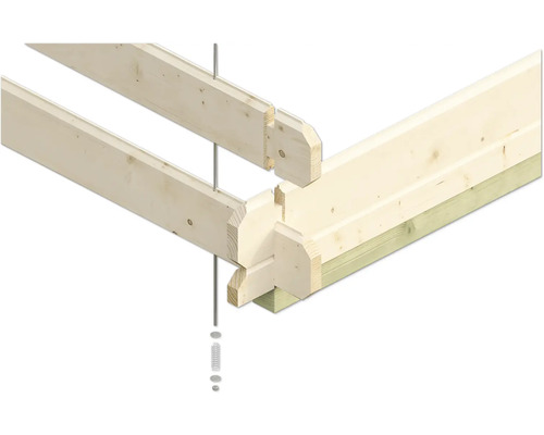 Detailaanzicht van een houten constructie met balken en verbindingsstukken