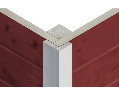 Detailopname van een houten hoekverbinding met rode wandbekleding