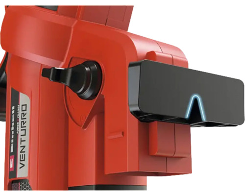 Detailweergave van een roodkleurig Einhell Venturro gereedschap met zwarte accessoires