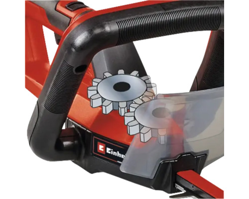 Detailopname van een heggenschaar met geanimeerde tandwielen ter illustratie van de werking.