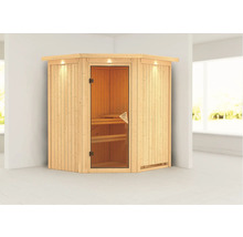 Houten hoeksauna met glazen deur en binnenverlichting.