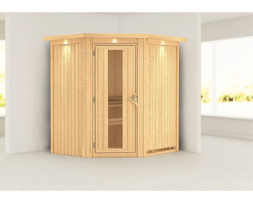 Houten hoeksauna met glazen deur en binnenverlichting voor binnenshuis