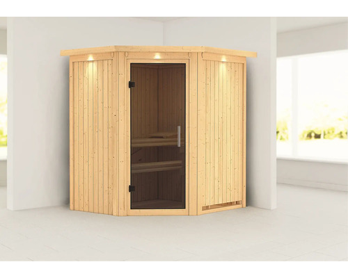 Houten hoeksauna met glazen deur en interieurverlichting voor binnenshuis