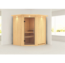 Houten hoeksauna met glazen deur