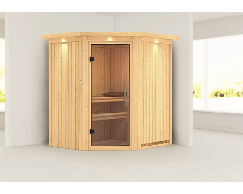 Houten hoeksauna met glazen deur
