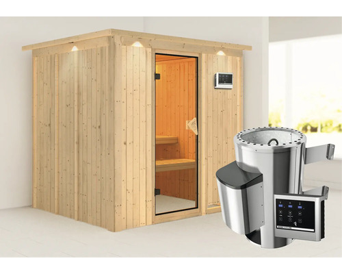 Houten sauna met glazen deur en saunakachel met bediening