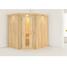 Houten hoeksauna met glazen deur en binnenverlichting voor gebruik binnenshuis