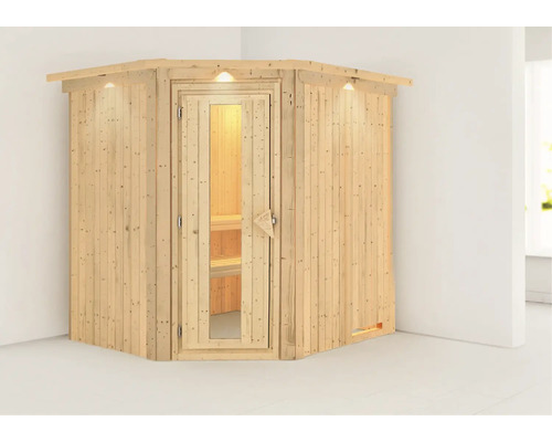 Houten hoeksauna met glazen deur en binnenverlichting voor gebruik binnenshuis