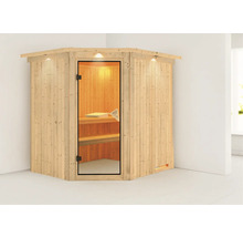 Houten hoeksauna met glazen deur en binnenverlichting