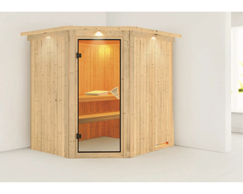 Houten hoeksauna met glazen deur en binnenverlichting
