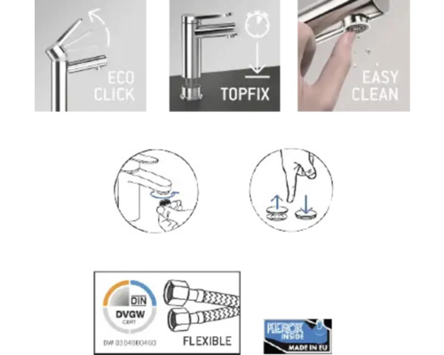 Kenmerken van een kraan: Eco Click functie, Topfix systeem, eenvoudige reiniging, flexibele slangen, DIN DVGW certificering en Kerox binnenwerk, gemaakt in de EU.