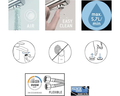 Productkenmerken: luchtmenging, eenvoudige reiniging, maximale doorstroming van 5,7 liter per minuut, anti-vingerafdrukcoating, flexibele slangen, DGVW-certificering, Made in EU