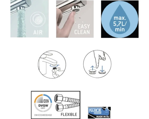 Productkenmerken: lucht, eenvoudige reiniging, maximaal 5,7 liter per minuut, DVGWCERT-keurmerk, flexibele slangen, geproduceerd in de EU
