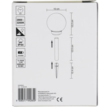 Verpakking van een tuinlamp met grondspies en details over brandduur, kleurtemperatuur en beschermingsklasse