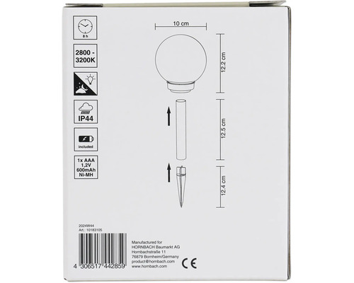 Verpakking van een tuinlamp met grondspies en details over brandduur, kleurtemperatuur en beschermingsklasse
