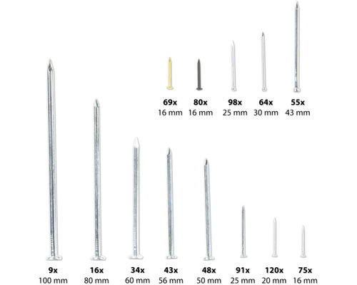 Verschillende maten draadnagels