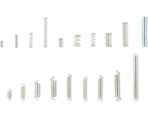 Diverse metalen veren in verschillende formaten.