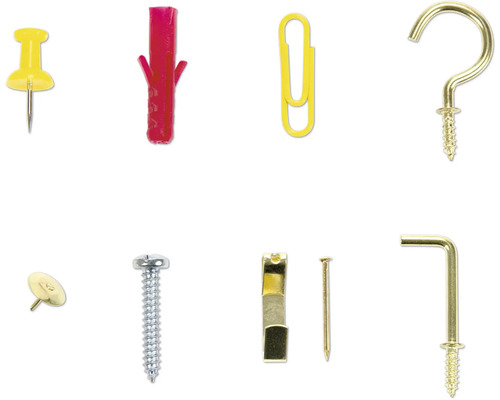 Assortiment kantoor- en bevestigingsmaterialen, waaronder punaises, pluggen, paperclip, schroef en haken