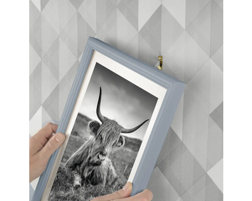Ophangen van een ingelijste zwart-witfoto van een Schotse Hooglander met een fotohaak