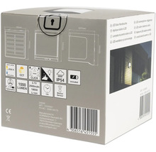 Verpakking van een solar led-wandlamp met technische details zoals lumen, IP54-beschermingsklasse en informatie over de batterij