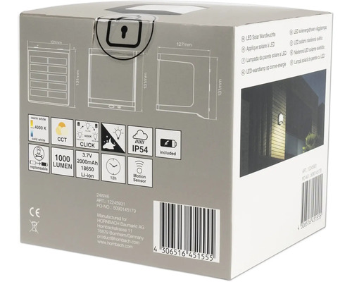 Verpakking van een solar led-wandlamp met technische details zoals lumen, IP54-beschermingsklasse en informatie over de batterij