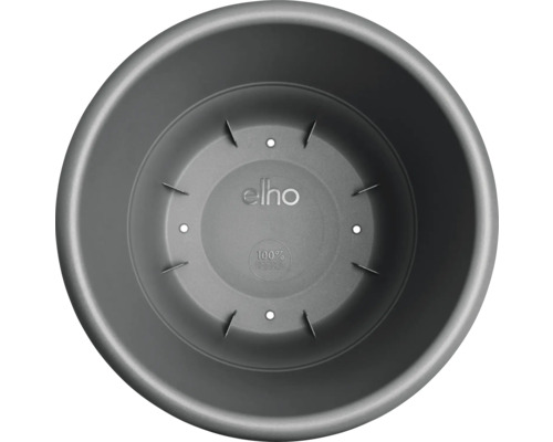 Grijze bloempot van bovenaf met Elho-logo