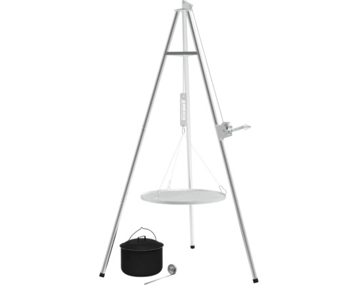 Draaibare barbecue met driepoot, grillrooster, ketel en opscheplepel
