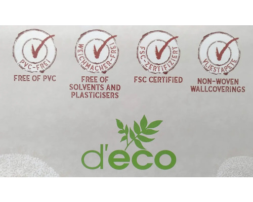 Informatie over behangeigenschappen: PVC-vrij, vrij van oplosmiddelen en weekmakers, FSC gecertificeerd, vliesbehang