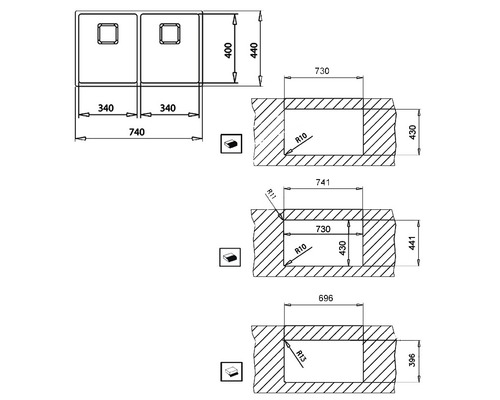 Afmetingen spoelbak en uitsparing