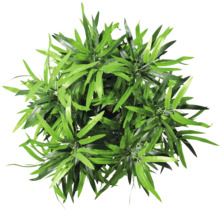 Bovenaanzicht van een kunstplant met groene bladeren.