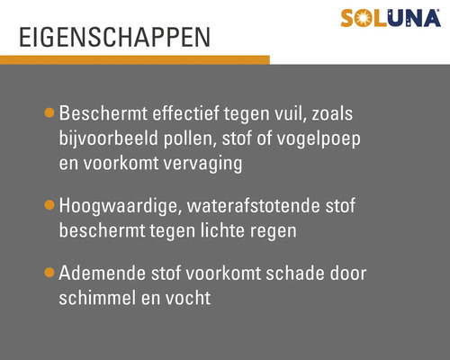 Soluna eigenschappen: beschermt effectief tegen vuil, hoogwaardige waterafstotende stof, ademende stof voorkomt schade door schimmel en vocht