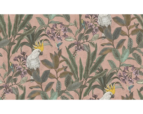 Behang met planten, kaketoes en kolibries