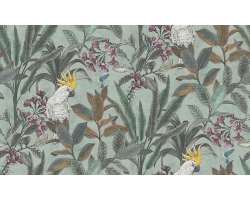 Behang met planten-, bloemen- en vogelmotief