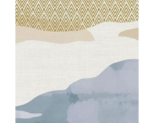 Behang met grafische patronen en landschapsafbeelding