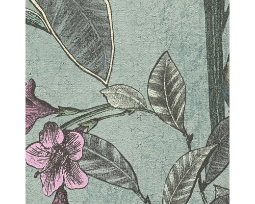 Detail van een behang met bladeren- en bloemenmotief