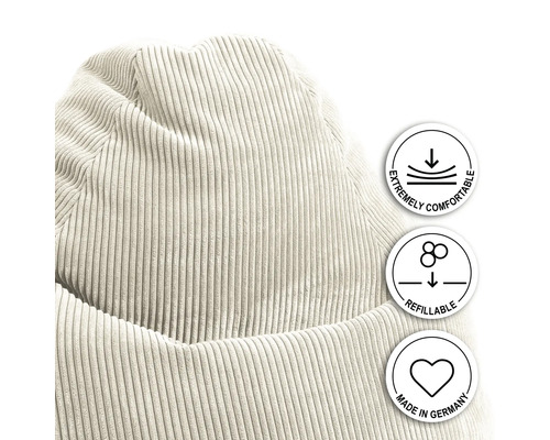 Close-up van een corduroy zitzak met de symbolen uiterst comfortabel, navulbaar en gemaakt in Duitsland