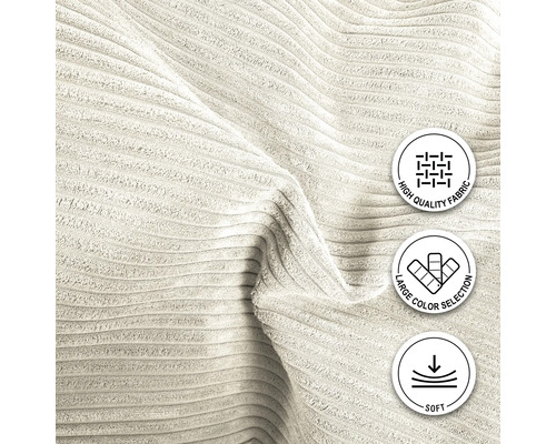 Close-up van ribstof met de aanduidingen: Hoge kwaliteit stof, grote kleurselectie en zacht