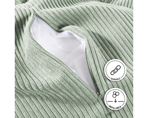 Detailopname van een zitzak met corduroy hoes, ritssluiting en de symbolen duurzaam en navulbaar