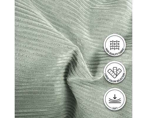 Close-up van geribbelde stof met de symbolen: hoogwaardige stof, grote kleurselectie en zacht