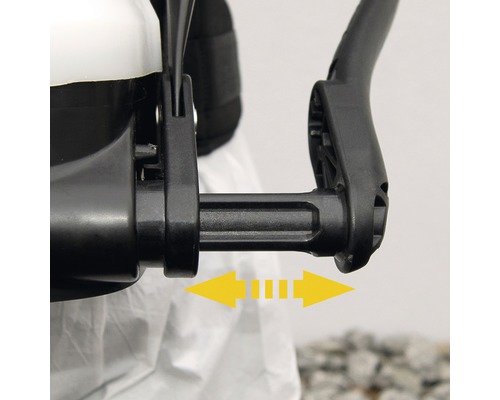 Verstelbaar spuitapparaat met gele pijlen die de aanpassing aangeven.